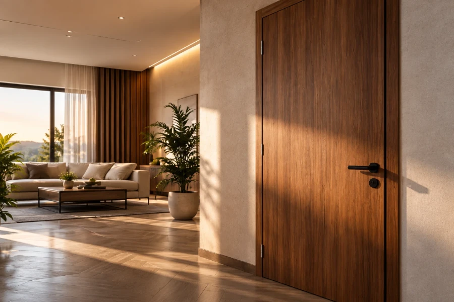 Ușă de interior cu furnir de lemn, lângă un living luminos