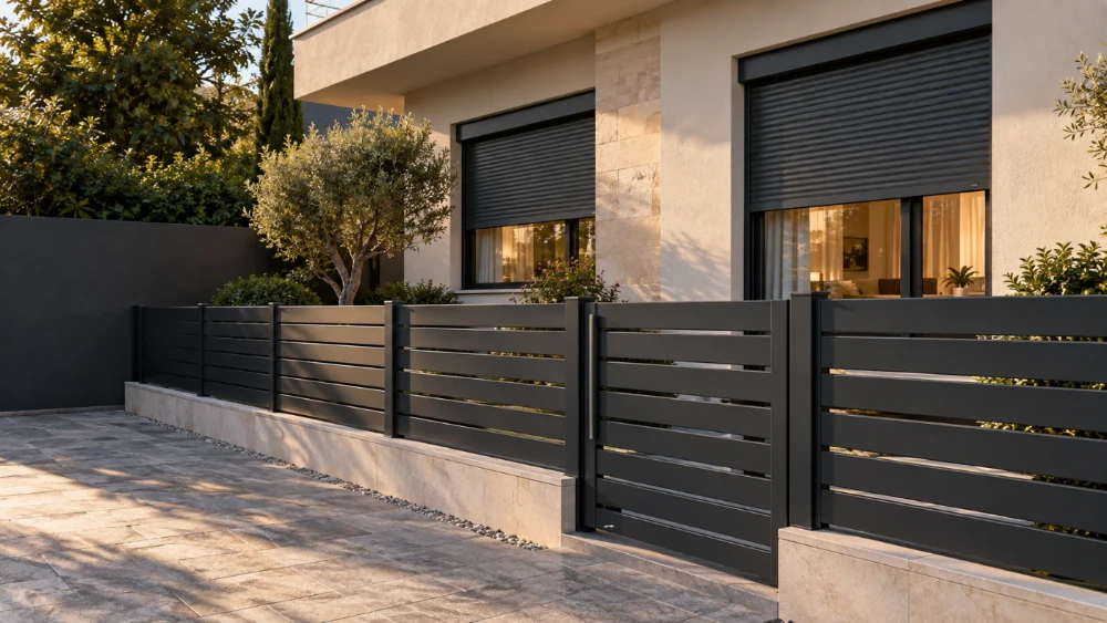 Casă modernă cu rulouri exterioare antracit coborâte și gard din lamele de aluminiu, la apus