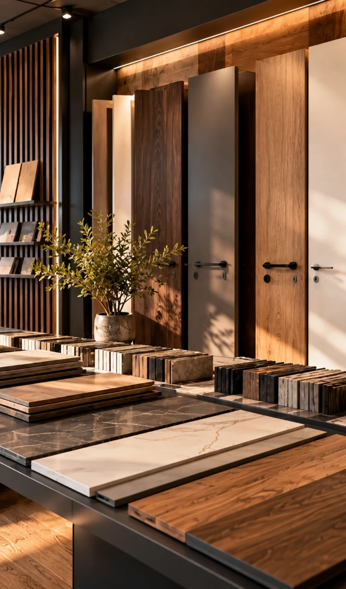 Mostre de uși, pardoseli și piatră expuse într-un showroom