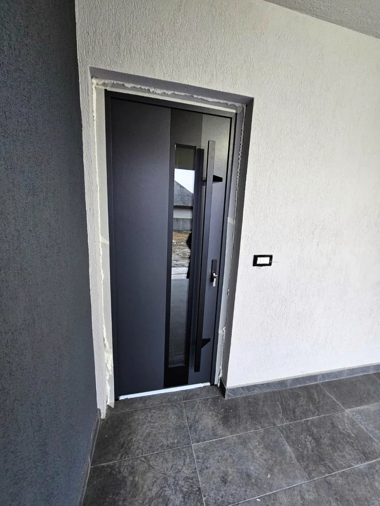 Ușă de intrare antracit cu inserție verticală de sticlă și mâner bară, montată